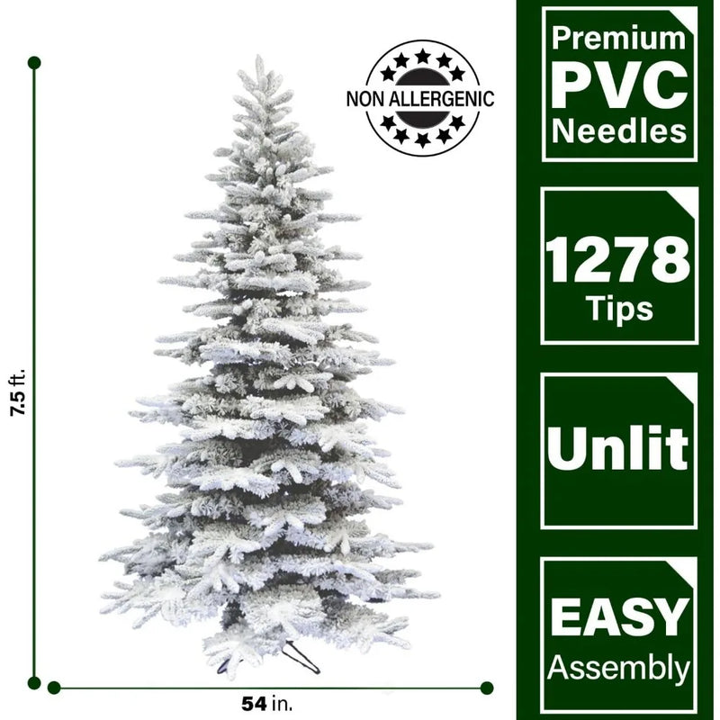 7.5-Ft. Pine Valley Flocked Christmas Tree, Artificial Xmas Tree with No Lights, Perfect with Garland, Realistic White Christmas