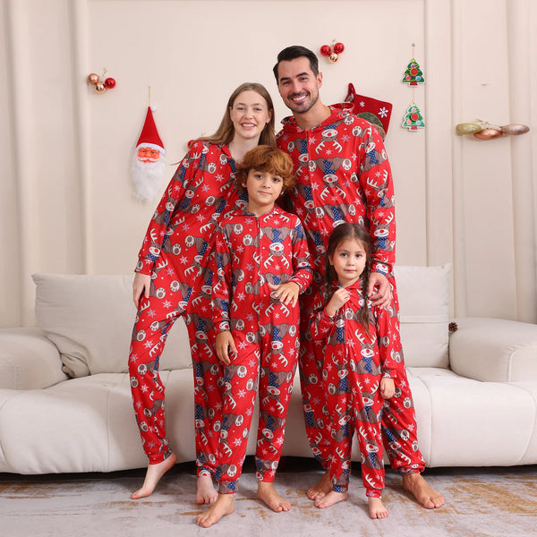 Family Matching Christmas Pajamas Reindeer Snowflake Print Long Sleeve Zip Full Length Hood Jumpsuit Holiday Sleepwear