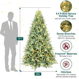 Pre-lit Spruce Christmas Tree, 7ft Artificial Christmas Pine Tree with 500 Lights, 302 PE &1378 PVC Branch Tips,