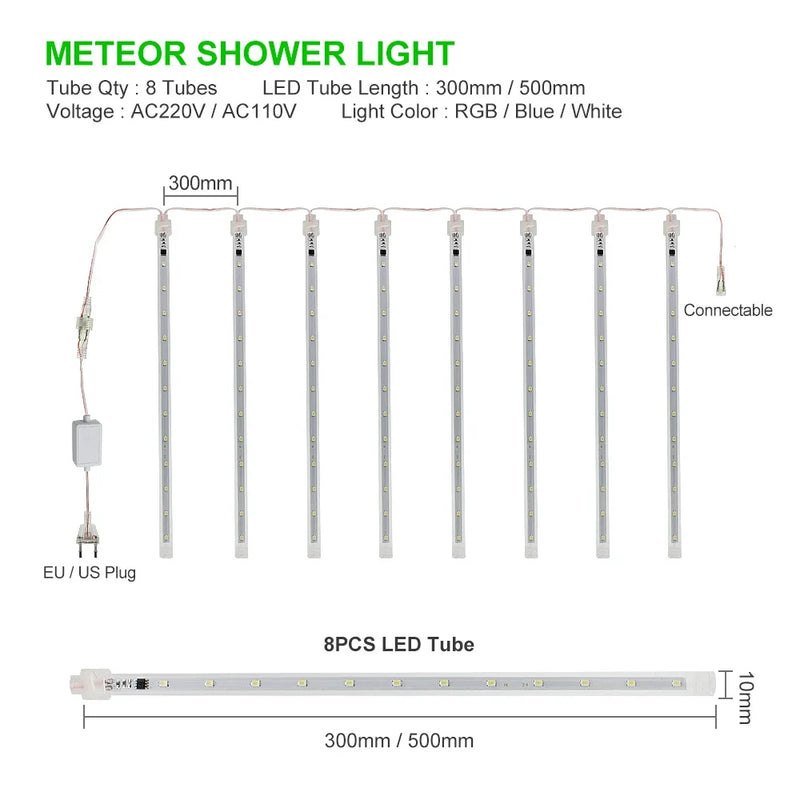 30cm /50cm Waterproof Meteor Shower Rain 8 Tube LED String Lights For Outdoor Holiday Christmas Decoration Tree EU/US/AU/UK Plug