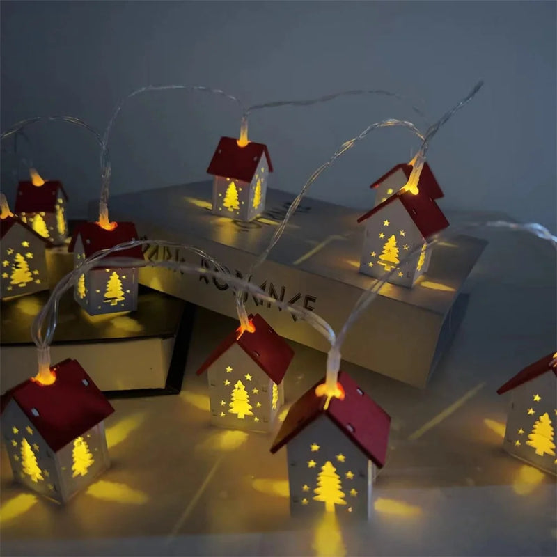 Christmas Wooden House LED Lights Wood Christmas Tree Decoration Hanging Wall Decoration Light String Christmas Atmosphere Props