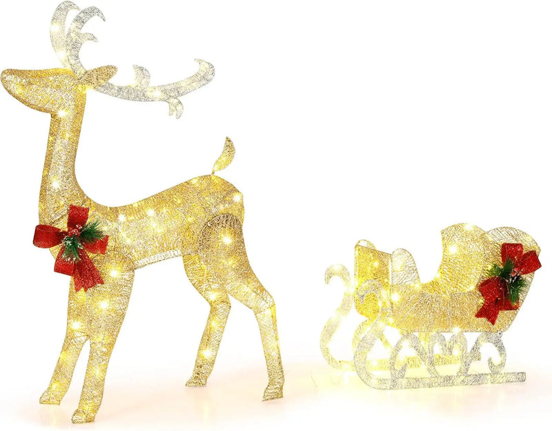 4.7 FT Lighted Christmas Reindeer & Sleigh, Xmas Lighted Outdoor Decoration with 100 Warm Lights, 8 Ground Stakes, 30 Cable Ties