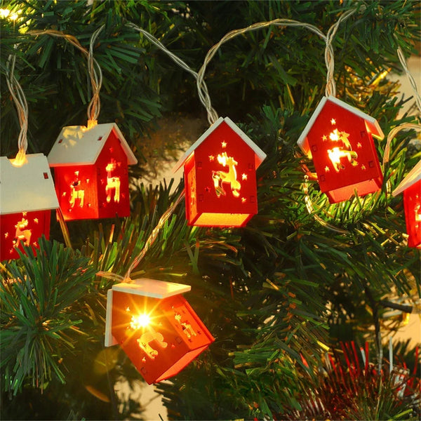 Christmas Wooden House LED Lights Wood Christmas Tree Decoration Hanging Wall Decoration Light String Christmas Atmosphere Props