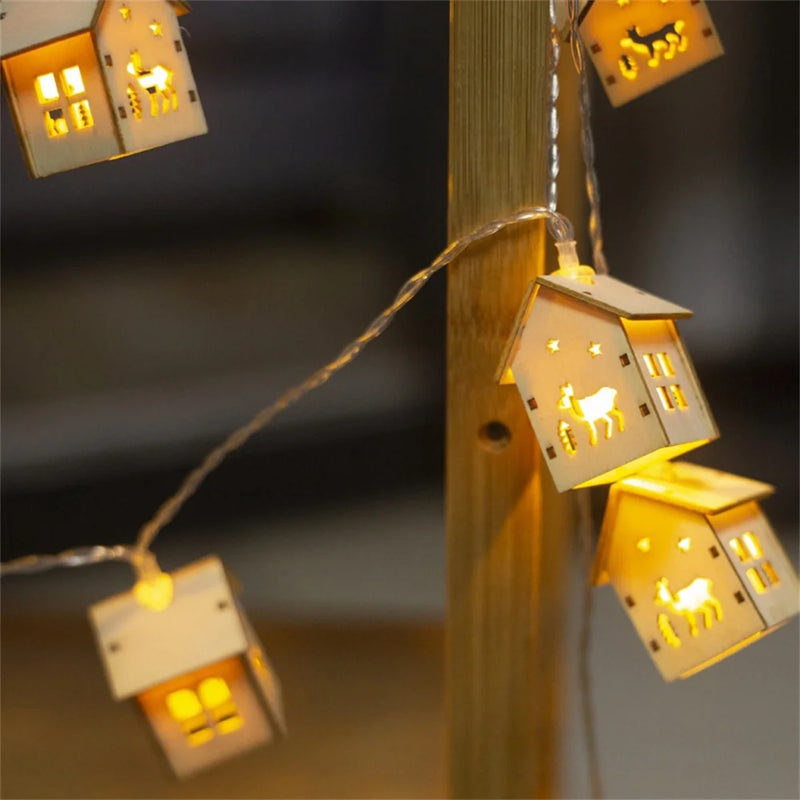 Christmas Wooden House LED Lights Wood Christmas Tree Decoration Hanging Wall Decoration Light String Christmas Atmosphere Props