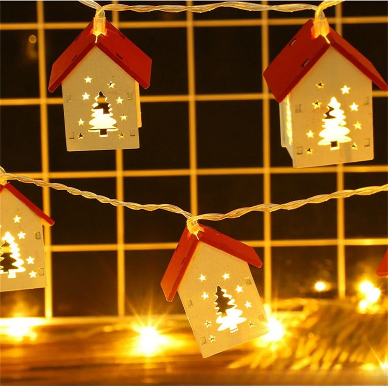 Christmas Wooden House LED Lights Wood Christmas Tree Decoration Hanging Wall Decoration Light String Christmas Atmosphere Props