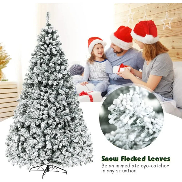 Nightcore 9FT Pre-Lit Artificial Christmas Tree, Snow Flocked Hinged Pine Tree w/ 1498 Branches Tips & 550 LED Lights, Portable