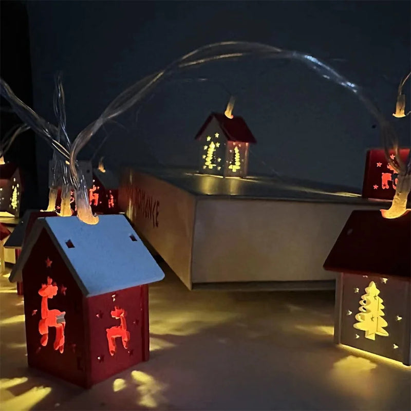 Christmas Wooden House LED Lights Wood Christmas Tree Decoration Hanging Wall Decoration Light String Christmas Atmosphere Props