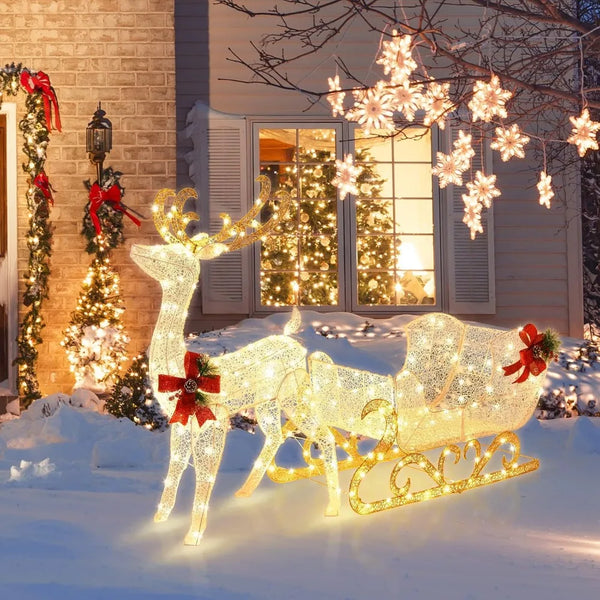 6 FT Christmas Lighted Reindeer & Santa’s Sleigh, Xmas Lighted Outdoor Yard Decoration W/ 215 LED Lights & 4 Ground Stakes