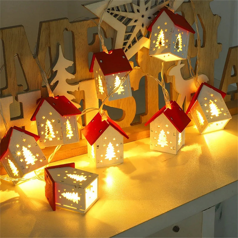 Christmas Wooden House LED Lights Wood Christmas Tree Decoration Hanging Wall Decoration Light String Christmas Atmosphere Props