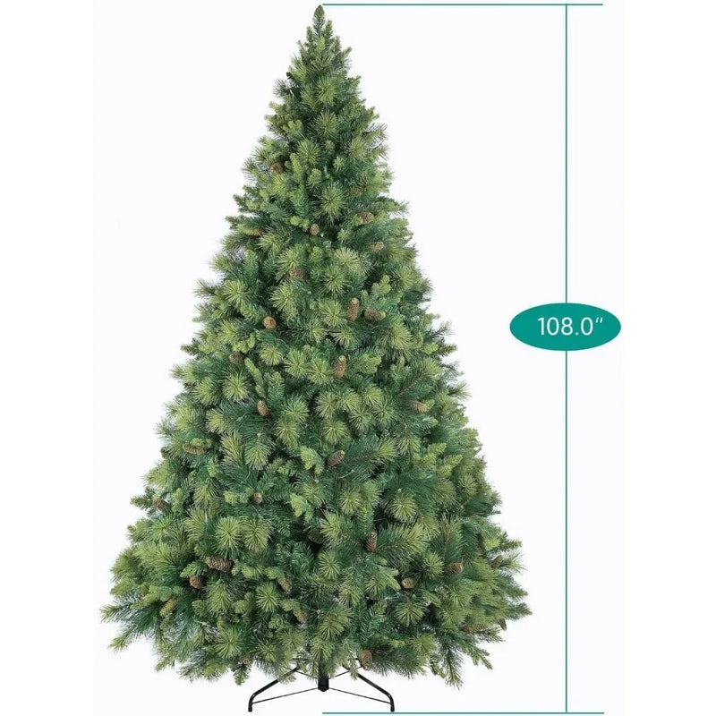 Prelit Artificial Christmas Tree with Pine Cones, Foot Pedal, 1556 Branch Tips, 750 Warm Lights and Metal Stand