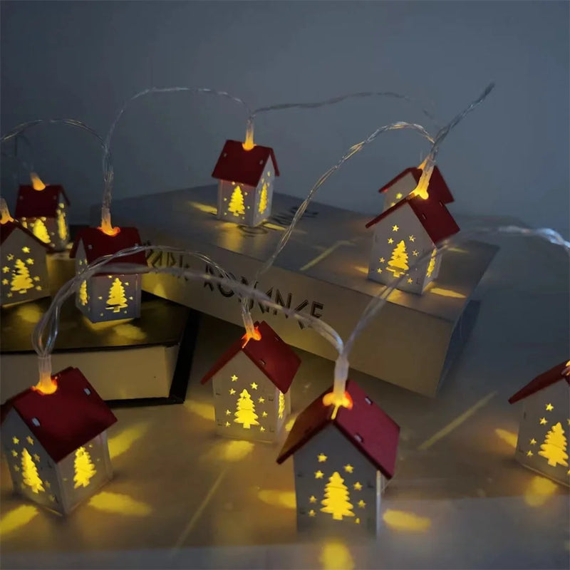 Christmas Wooden House LED Lights Wood Christmas Tree Decoration Hanging Wall Decoration Light String Christmas Atmosphere Props